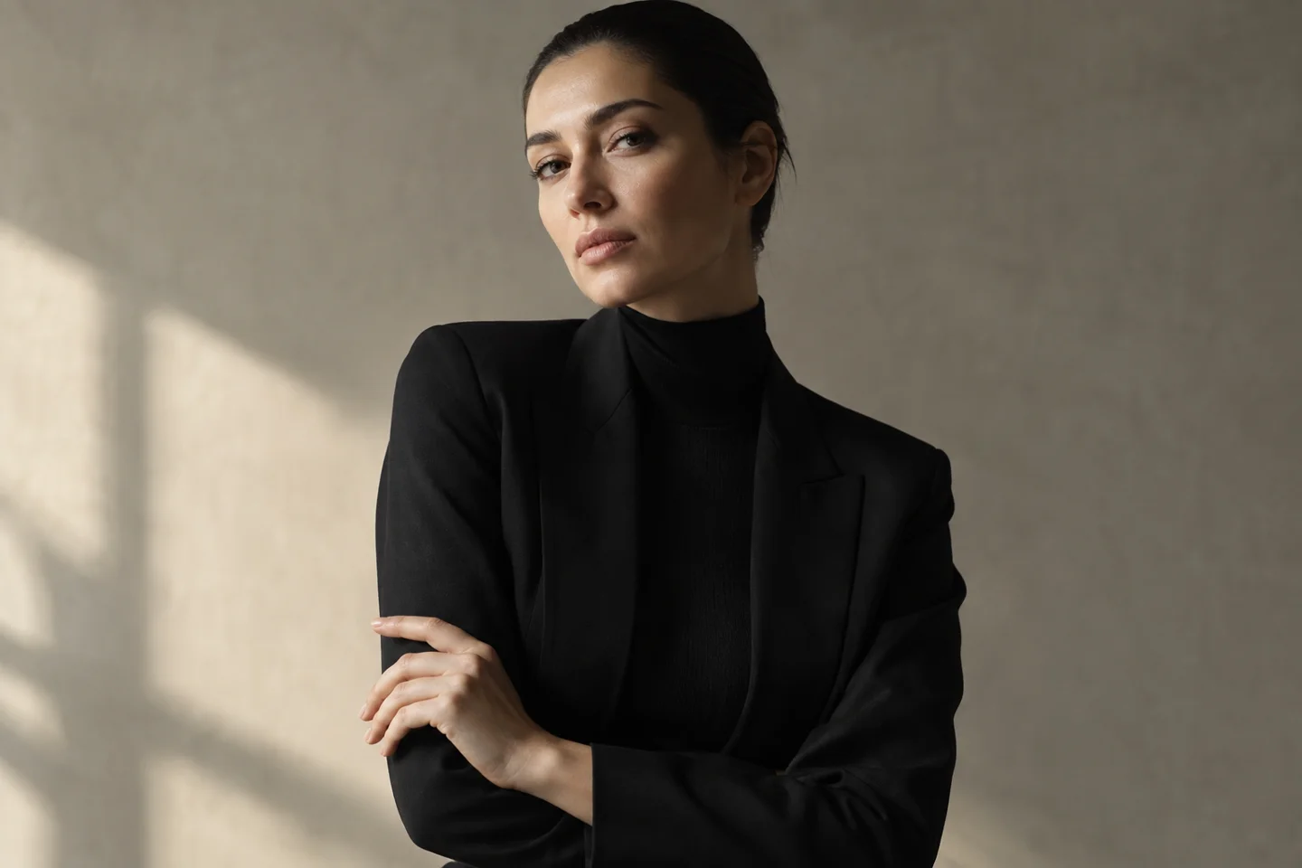 Retrato editorial de una mujer ficticia con ropa negra de sastrería